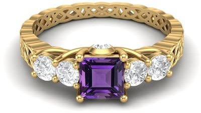 MOONEYE 1,21 Karat quadratische Form Amethyst Edelstein Verlobungsring aus 925er-Sterlingsilber mit fünf Steinen für Damen Gold Vermeil, 57