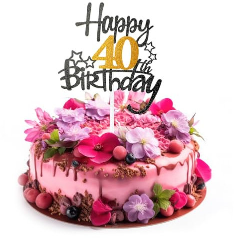 AHQiZFX Happy 40th Birthday Cake Topper, Black Gold Glitter Cheers to 40 Years Birthday Cake Pick 40 Fabulous Cake Decoration for Happy 40th Birthday Anniversary Party Supplies(40th)