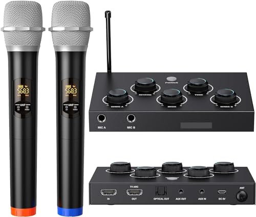 Portable Karaoke Microphone Mixer System Set, with Dual UHF Wireless Mic, HDMI-ARC/Optical/AUX & HDMI In/Out in Singing Receiver for Smart TV, PC, KTV, Home Theater, Amplifier, Speaker
