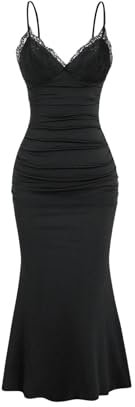 GORGLITTER Women's Lace Ruched Spaghetti Straps Bodycon Maxi Dresses Cocktail Party Pencil Long Dress Evening Gowns Black S