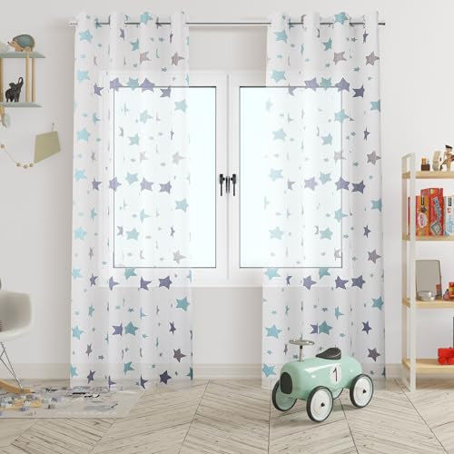 HOMEYA - Cortina Infantil Transparente 2 Unidades de 140 x 260 cm - Visillo jovenil con diseño Estrella, Tranparente filtra la luz, Cortina para habitación 100% Poliéster
