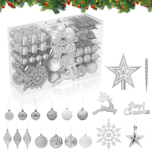 HENGMEI Weihnachtskugeln Kunststoff 108 Stück Christbaumschmuck mit Stern Spitze Christmas Decorators Aufhängen Weihnachtsbaumschmuck - Silber