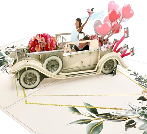 YianHien Just Married Carte de mariage pop-up 3D pour mariage, lune de miel, anniversaire, Saint-Valentin, cadeau de mariage romantique pour couple de mariés, emballage cadeau