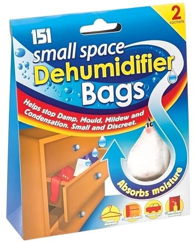 151 Small Space Dehumidifier Remove Moisture Trap Damp Mould Mildew Moisture Condensation 2 Sachets Wardrobe Drawers 50ml