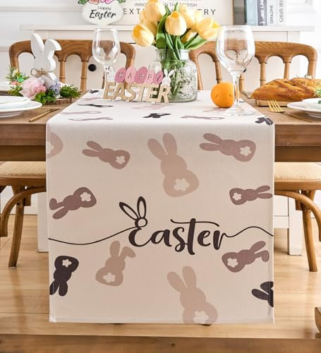 Vorysum Tischläufer Modern Ostern Frühling Kaninchen Ostertischläufer Waschbar Küche Esstisch Osterndeko für drinnen und draußen Urlaub Party Wohnzimmer Dekor 40 x 180 cm