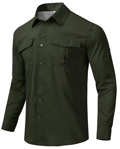 MoFiz Herren Sportshemd Langarm Angeln Wandern Hemd UV-Schutz Outdoor Shirt Atmungsaktiv Schnelltrocknend Funktionshemd Leichtes Freizeithemd Olivgrün EU M