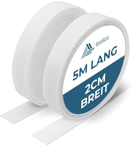 TOOLICO Klettband selbstklebend extra stark - 5M x 20mm - Wetterbeständig - Doppelseitig - weiß - zum anbringen von Fliegengitter, als Klettverschluss (5 M)