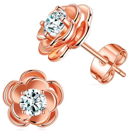 MYBELLNA 14K Gold Dainty Flower Earrings Black Rose Gold Flower Pearl Stud Earrings for Women Sterling Silver Post Hypoallergenic Earrings for Women Mom Her (RG-6)