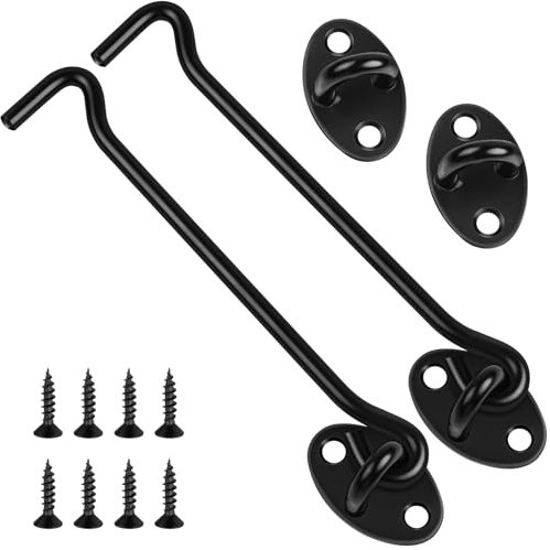 2 Pack Hook and Eye Latch, 6 Inch Black Cabin Hooks Stainless Steel Eye Gate Latch Easy Lock, Sliding Door Hooks Barn Door Catch Hardware with Screws for Outdoor Garden Shed Patio Window Wooden Gates