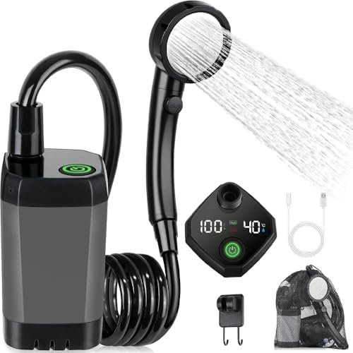 DAJASD Portable Camping Shower, 6000 mAh Camping Shower Battery with Pump, Outdoor Mobile Showers with Temperature Display and Foldable Bucket for Pet Travel Garden Car Washing Beach