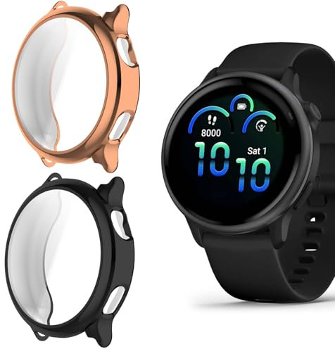 Blueshaweu Custodia per smartwatch Vivoactive 6, flessibile TPU protezione completa con pellicola protettiva antigraffio Custodia compatibile con Garmin smartwatch Vivoactive 6 (Nero+Oro rosa)