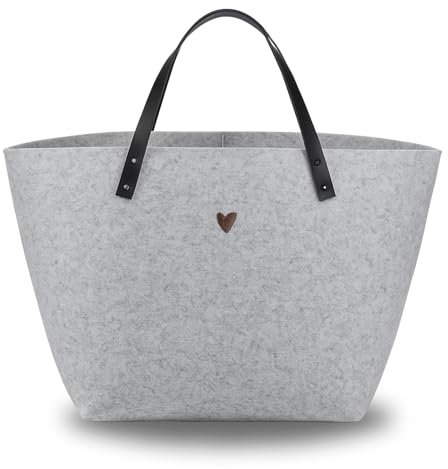kontor28® - Filztasche Shopper MADE IN GERMANY | Einkaufstasche Filz mit 30L Füllvolumen und Henkeln aus Leder | Filz Einkaufstasche aus Upcyling PET-Filz, nachhaltig und handgenäht (Herz, Urbangrau)