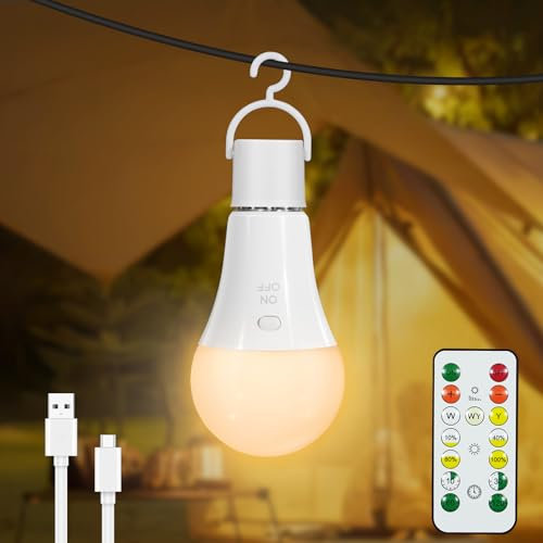Dehobo Bombillas Recargable con Mando y Cronómetro - 7W Bombilla LED E27 3 Temperaturas de Color ajustables - Luz LED Recargable USB-C con Touch Control luz Emergencia Casa, 1 Pack