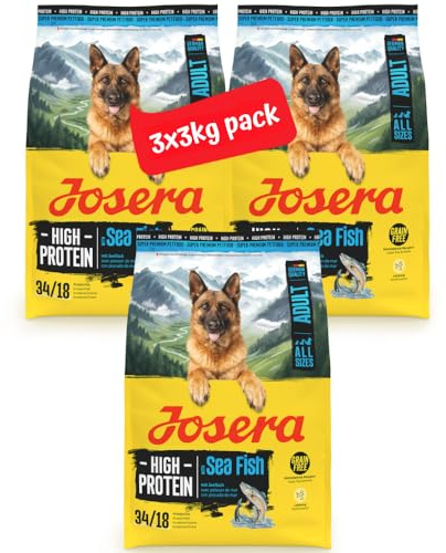 JOSERA High Protein Seefisch |3X 3 kg | Trockenfutter für Hunde | Adult | Lachs & Süßkartoffel | Premiumfutter für sportliche Hunde | getreidefrei & proteinreich | L-Carnitin & Taurin