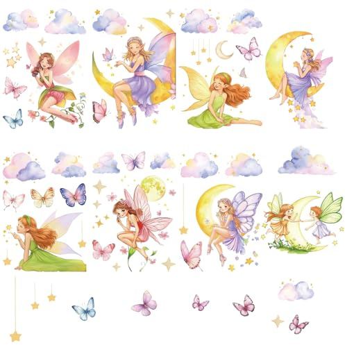 craspire 8 Stile Feen Fensteraufkleber Feen Wandaufkleber Engel Stern Mond Wolke Schmetterling PVC Wasserdicht Selbstklebend Zum Abziehen Und Aufkleben Fensteraufkleber Für Klassenzimmer Schlafzimmer