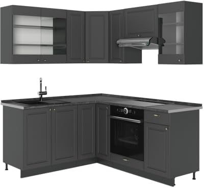Vicco Eckküche Fame-Line, Anthrazit-Gold Landhaus/Anthrazit, 190 x 160 cm | 10 Module · Höhenverstellbare Füße · Ohne Arbeitsplatte · MDF-Fronten · Softclose · Metallgriffe