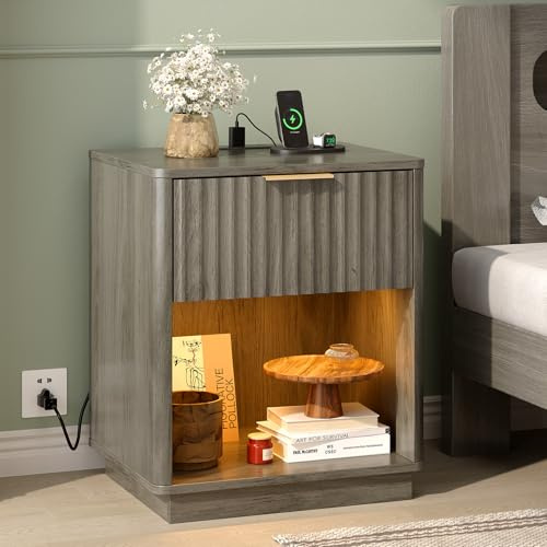 Bonnlo Nightstand with Charging Station & LED, 2 Drawers, Grey | Fluted Bedside Table,Side Table with USB Ports & LED Lights, Compact Bedside Table for Bedroom, Living Room,Office,48×38×57cm