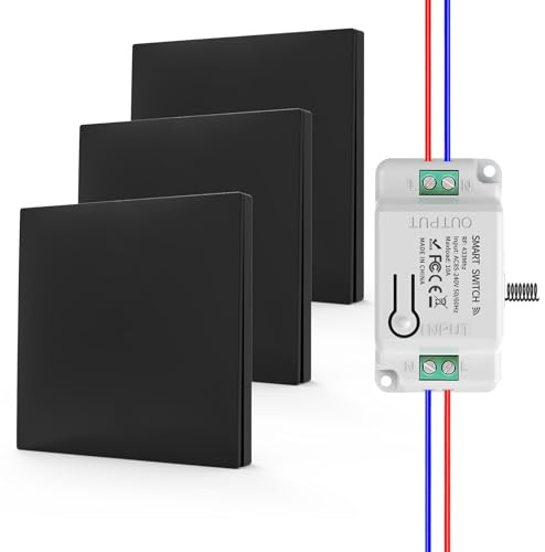 KADMOS Funk-Lichtschalter Set,selbstversorgt Funk Lichtschalter,Drahtloser Schalter- keine Batterie erforderlich,automatischer Rebound-Schalter,keine Verkabelung erforderlich (3x1key 1receiver-Black)