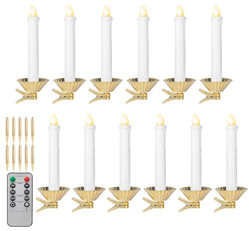 KI Store Lot de 12 Bougies de Sapin de Noël LED avec fonction minuterie En cire véritable - Avec télécommande - Pour décoration de Noël, de chambre, de mariage et de fête