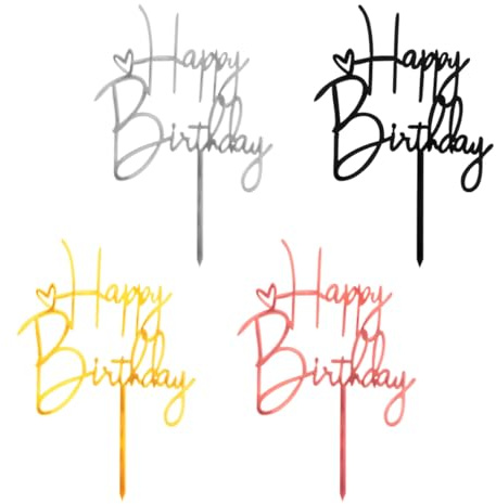 Lotsdonxia 4 Pcs Happy Birthday Cake Toppers Acrylic – Gold, Silver, Black, Rose Gold Glitter Finish for Party Cupcake & Dessert Decorations