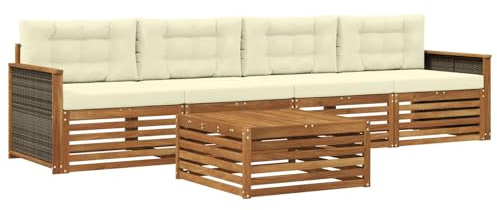 vidaXL Outdoor-Sofagarnitur mit Kissen 5 pcs Natur und Creme, Gartenmöbel, Moderne Sitzgruppe, L-förmiges Sofa für Terrasse, relaxen im Lounge-Stil