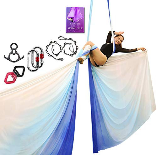 Aerial Silks Deluxe Equipment Set for Aerial Yoga, Aerial Yoga Hammock, Aerial Acrobatic,Circus Arts, Aerial Dance(L:10m W:2.8m） (Gradual Change Blue)