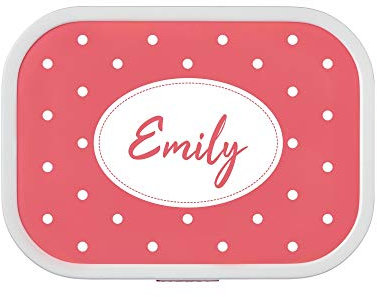 4youDesign Pinke Brotdose -PUNKTE- mit Namen für Kinder, 6 Farben, 3 Motive, inkl. Lunchbox-Einsatz und Gabel – Geschenk zur Einschulung, Weihnachten (Punkte Pink)