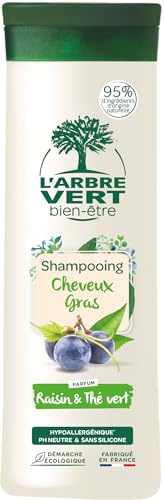 L'Arbre Vert Bien-être Shampooing Cheveux Gras Parfum Raisin et Thé Vert - Fabriqué en France - Hypoallergénique - pH Neutre et Sans Silicone - 95% d'ingrédients d'origine naturelle - 250mL