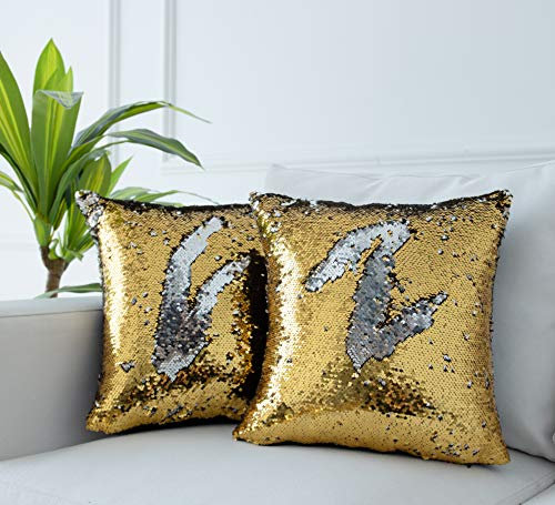 LIGICKY 2er Set Kissenbezug Luxus Farbveränderlich Pailletten Samt Kissenhülle Dekorative Squar Kissenbezüge Weich Kissen für Sofa Couch Schlafzimmer Wohnzimmer Büro Auto 45x45 cm Gold und Silber