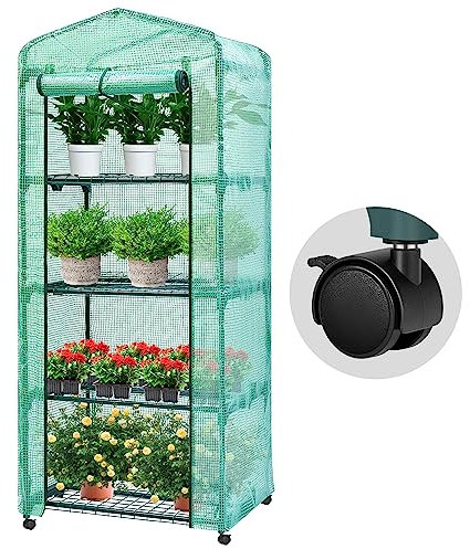 VIVOSUN Mini invernadero de 4 niveles con ruedas, 27 x 19 x 63 pulgadas, reutilizable, portátil, cálida casa con cubierta de polietileno verde y estante para jardín compacto y patios traseros