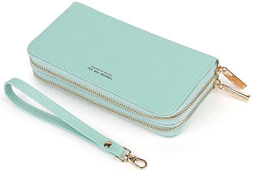 Katech Geldbeutel Damen PU Leder, 2 Reißverschluss Geldbörse Portemonnaie Geldbeutel Brieftasche mit Handyfach und Armband, Hellgrün