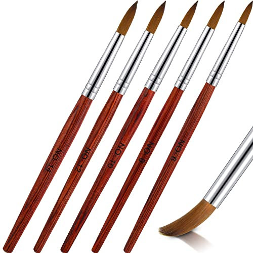 5 Pieces Kolinsky Acrylic Nail Brush Wooden Handle Powder Nail Oval Crimped Sturdy Wood Round Pedicure Painting Brush for Acrylic Application, Size 6 8 10 12 14(Red)