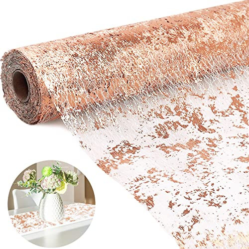 Table Runner, Non-woven Table Ribbon Decoration, Christmas Sparkling Polyester Tulle Ribbon Roll with Gold Foil for DIY Wedding Christmas Table Decor (Bronzing-Rose Gold, 5M)