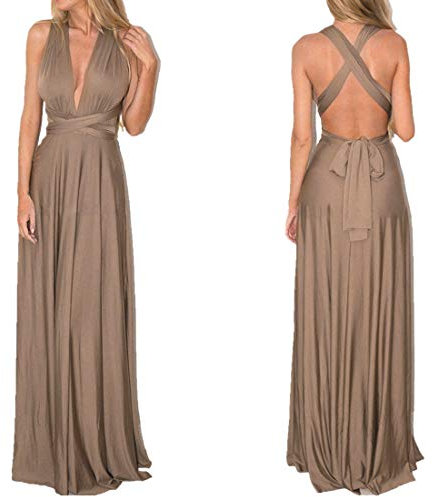 Abendkleid Lang Damen Elegant Sexy Rückenfreies Multiway Bandage Wickelkleid Festlich Hochzeitskleid Brautkleid Brautjungfernkleider Cocktailkleid Weihnachten Silvester Partykleid Ballkleid Braun XS