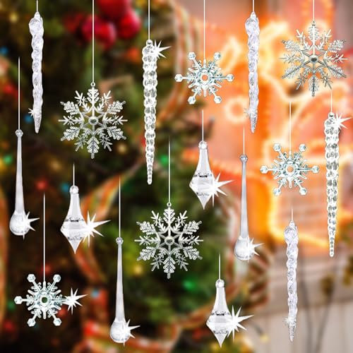 55 Stück Eiszapfen Weihnachtsbaum, Christbaumschmuck Eiszapfen und Schneeflocken, Acryl Eiszapfen Deko mit Seil, Christbaumschmuck für Weihnachten, Neues Jahr, Hochzeiten (A)