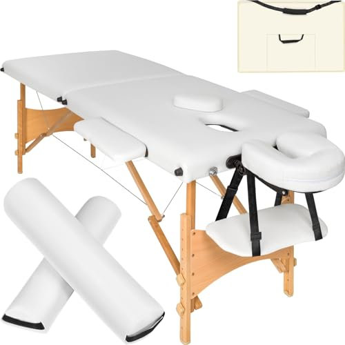 TecTake® Table de Massage Pliante Professionnelle 2 Zones Ergonomique Massage et Relaxation Bois Table Esthetique Professionnel Lit de Massage Portable, Accessoires & Housse de Transport - Blanc