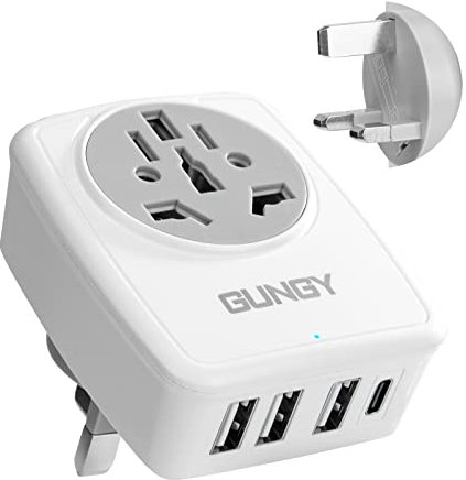 GUNGY Reiseadapter UK Adapter Weltweit Deutschland auf England Stecker mit 3 USB 1 Typ-C AC Steckdosenadapter Reisestecker Stromadapter für Irland Dubai Singapur Reiseadapter Typ G