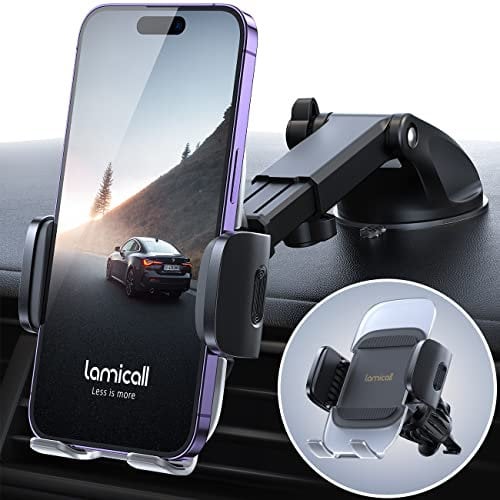 Lamicall Support Téléphone Voiture Ventouse, [3 en 1] Support Téléphone Voiture pour Tableau de Bord/Pare-Brise/Sortie d'air, 360°Rotation, Porte Téléphone avec Crochet en Métal pour 4-7 Smartphone