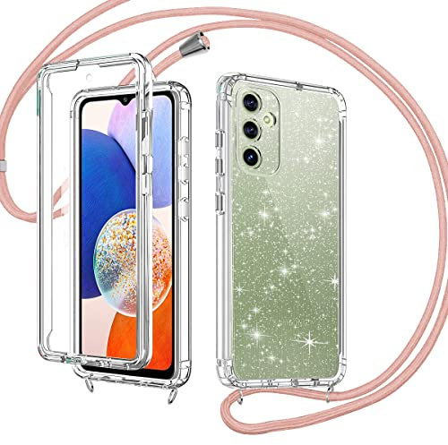 Rosyhulle Glitzer Handykette für Samsung Galaxy A14 4G/ 5G Hülle, Handyhülle mit Band für Samsung A14 mit Eingebautem Displayschutz Transparent Silikon TPU Stoßfest Schutzhülle mit Kette Roségold