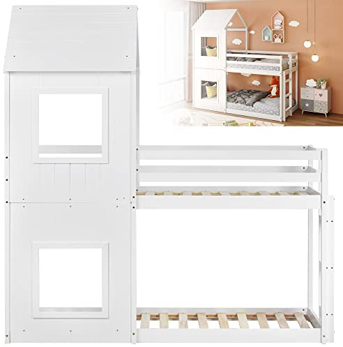 kubeier Etagenbett mit Rechtwinkliger Treppe, 90 x 200 cm Etagenbett Hausbett mit Leiter & Baldachin, Massivholz-Etagenbettrahmen mit Lattenrost, Bodentief Kinderbett Keine Matratze,White