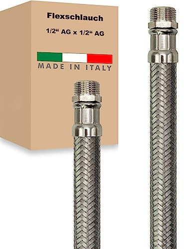 Flexschlauch AG x AG Edelstahl Panzerschlauch Anschlußschlauch Sanitär Armaturenschlauch Hauswasserwerk Made in Italy (1/2 x 1/2 - 600 mm)