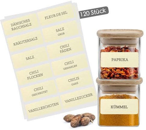 Gewürzetiketten Selbstklebend – 120 Sticker für Gewürzgläser & Gewürzdosen - Wasserfeste Gewürzaufkleber - Spice Jar Label - Beschriftete Etiketten für Küchenorganisation - Rechteckig Beige