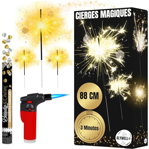 30 Cierges Magiques Mariage Geant XXL 88Cm Durée 3 Minutes |Cierge Magique + 1 Canon À Confettis Mariage 40 Cm + 1 Chalumeau Cierge Mariage | Batons Scintillants Mariage |Bougies Etincelles |F1