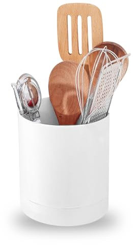 Seau à couverts rotatif, Porte-Ustensiles Rotatif à 360 Degrés pour comptoir, avec base amovible Grand Organisateur de Rangement pour Baguettes Vaisselle (Blanc)