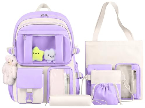 HORHREAR Kawaii Rucksack 5-teiliges Set für Schule, niedlicher ästhetischer Rucksack, Umhängetasche, Handtasche, Kordelzugbeutel und Federmäppchen (Lila)