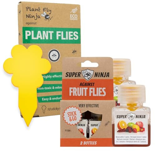 Super Ninja Piège à moucherons et à mouches des fruits – 10 pièges jaunes à moucherons collants et 2 bouteilles de pièges à mouches des fruits – Très efficace pour plantes d'intérieur et tue-mouches