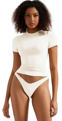 SUUKSESS Women Double Lined Fitted Basic Tee Crew Neck Short Sleeve Y2K Crop Top