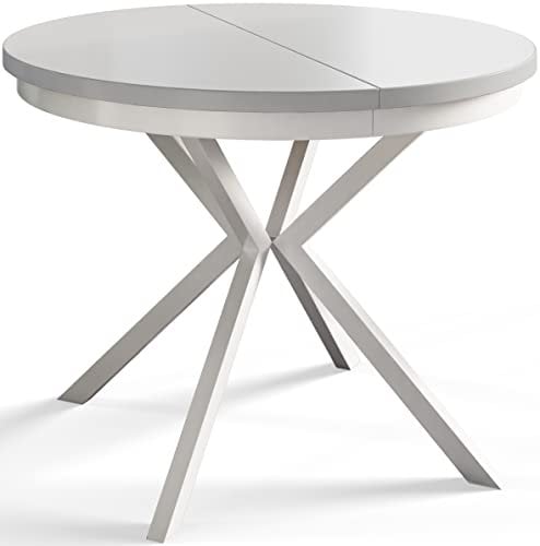 AlpiMeble Table de salle à manger ronde BERGO, table extensible, diamètre : 90 cm/170 cm, table de salon, couleur : blanc, avec pieds en métal de couleur blanche