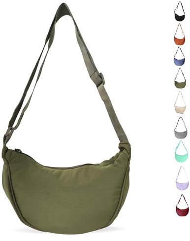 LOCCY Damen Halbmond Crossbody Schultertasche, Hobo Halfmoon Bag Einfarbige Nylon Crossbody Bag Damen Halbmond Schultertasche mit verstellbarer Schultergurt für Frauen Mädchen(Armeegrün)