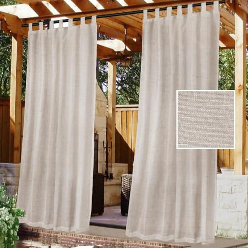 FASCINATDECO Outdoorvorhänge mit Klettverschluss Terrasse Vorhänge Halbtransparent Leinenoptik Gardinen Balkon Vorhang Outdoor Gardinen für Terrassentür Pavillon, 274x132 cm, Natürlich, 2er Set